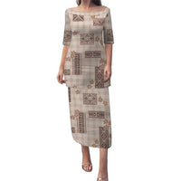 Hawaiian Quilt Tapa On Beige Palaka Motifs Family Matching Puletasi and Hawaiian Shirt LT7 Mom's Dress Beige - Polynesian Pride