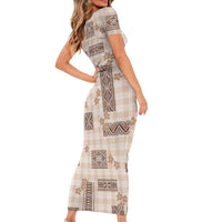 Hawaiian Quilt Tapa On Beige Palaka Motifs Family Matching Short Sleeve Bodycon Dress and Hawaiian Shirt LT7 - Polynesian Pride