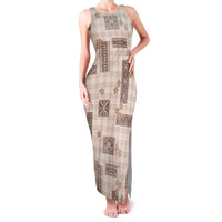 Hawaiian Quilt Tapa On Beige Palaka Motifs Family Matching Tank Maxi Dress and Hawaiian Shirt LT7 Mom's Dress Beige - Polynesian Pride