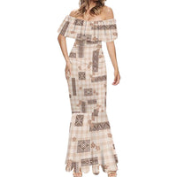 Hawaiian Quilt Tapa On Beige Palaka Motifs Mermaid Dress