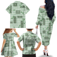 Hawaiian Quilt Tapa On Pastel Mint Palaka Motifs Family Matching Off The Shoulder Long Sleeve Dress and Hawaiian Shirt LT7 - Polynesian Pride