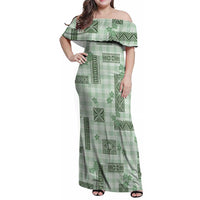 Hawaiian Quilt Tapa On Pastel Mint Palaka Motifs Family Matching Off Shoulder Maxi Dress and Hawaiian Shirt LT7 Mom's Dress Mint - Polynesian Pride