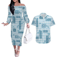 Hawaiian Quilt Tapa On Cold Blue Palaka Motifs Couples Matching Off The Shoulder Long Sleeve Dress and Hawaiian Shirt LT7 Azure - Polynesian Pride
