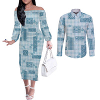 Hawaiian Quilt Tapa On Cold Blue Palaka Motifs Couples Matching Off The Shoulder Long Sleeve Dress and Long Sleeve Button Shirt
