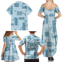 Hawaiian Quilt Tapa On Cold Blue Palaka Motifs Family Matching Summer Maxi Dress and Hawaiian Shirt LT7 - Polynesian Pride