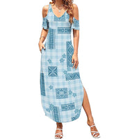 Hawaiian Quilt Tapa On Cold Blue Palaka Motifs Family Matching Summer Maxi Dress and Hawaiian Shirt LT7 Mom's Dress Azure - Polynesian Pride