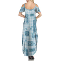 Hawaiian Quilt Tapa On Cold Blue Palaka Motifs Summer Maxi Dress