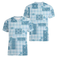 Hawaiian Quilt Tapa On Cold Blue Palaka Motifs Women V-Neck T-Shirt