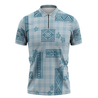 Hawaiian Quilt Tapa On Cold Blue Palaka Motifs Zipper Polo Shirt