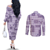 Hawaiian Quilt Tapa On Lilac Palaka Motifs Couples Matching Off The Shoulder Long Sleeve Dress and Long Sleeve Button Shirt LT7 - Polynesian Pride