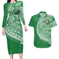 Tonga Liahona High School Personalized Couples Matching Long Sleeve Bodycon Dress and Hawaiian Shirt Ngatu Tokelaufeletoa Motifs LT7 Green - Polynesian Pride