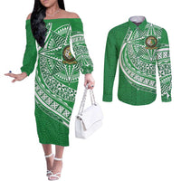 Tonga Liahona High School Personalized Couples Matching Off The Shoulder Long Sleeve Dress and Long Sleeve Button Shirt Ngatu Tokelaufeletoa Motifs LT7 Green - Polynesian Pride