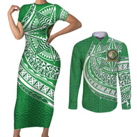 Tonga Liahona High School Personalized Couples Matching Short Sleeve Bodycon Dress and Long Sleeve Button Shirt Ngatu Tokelaufeletoa Motifs LT7 Green - Polynesian Pride