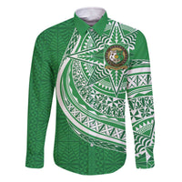 Tonga Liahona High School Personalized Family Matching Off The Shoulder Long Sleeve Dress and Hawaiian Shirt Ngatu Tokelaufeletoa Motifs LT7 Dad's Shirt - Long Sleeve Green - Polynesian Pride