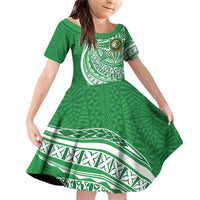 Tonga Liahona High School Personalized Family Matching Off Shoulder Short Dress and Hawaiian Shirt Ngatu Tokelaufeletoa Motifs LT7 Daughter's Dress Green - Polynesian Pride