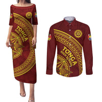 Tonga High School Couples Matching Puletasi and Long Sleeve Button Shirt THS Anniversary Ngatu Motif LT7 Maroon - Polynesian Pride