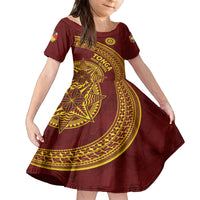 Tonga High School Family Matching Off Shoulder Short Dress and Hawaiian Shirt THS Anniversary Ngatu Motif LT7 Daughter's Dress Maroon - Polynesian Pride