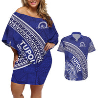 Tupou College Toloa Couples Matching Off Shoulder Short Dress and Hawaiian Shirt Ngatu Tapa Mix Style LT7 Blue - Polynesian Pride