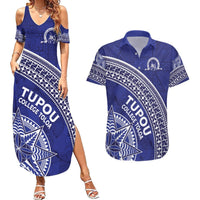 Tupou College Toloa Couples Matching Summer Maxi Dress and Hawaiian Shirt Ngatu Tapa Mix Style LT7 Blue - Polynesian Pride