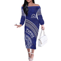 Tupou College Toloa Family Matching Off The Shoulder Long Sleeve Dress and Hawaiian Shirt Ngatu Tapa Mix Style LT7 Mom's Dress Blue - Polynesian Pride