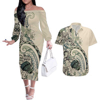 Aloha Hawaii Tapa Couples Matching Off The Shoulder Long Sleeve Dress and Hawaiian Shirt Summer Green Hawaiian Ipu LT7 Emerald - Polynesian Pride