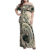Aloha Hawaii Tapa Family Matching Off Shoulder Maxi Dress and Hawaiian Shirt Summer Green Hawaiian Ipu LT7 Mom's Dress Emerald - Polynesian Pride