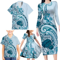 Aloha Hawaii Tapa Family Matching Long Sleeve Bodycon Dress and Hawaiian Shirt Cool Turquoise Hawaiian Ipu LT7 - Polynesian Pride