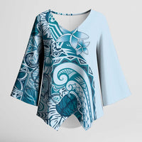 Aloha Hawaii Tapa Kimono Sleeve Blouse Cool Turquoise Hawaiian Ipu LT7 Female Turquoise - Polynesian Pride