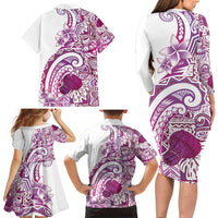 Aloha Hawaii Tapa Family Matching Long Sleeve Bodycon Dress and Hawaiian Shirt Vibrant Fuchsia Hawaiian Ipu LT7 - Polynesian Pride