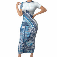 Samoa Mamanu Siapo Royal Blue Short Sleeve Bodycon Dress Tatau Malie