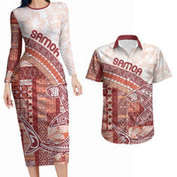 Samoa Mamanu Siapo Crimson Couples Matching Long Sleeve Bodycon Dress and Hawaiian Shirt Tatau Malie