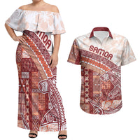 Samoa Mamanu Siapo Crimson Couples Matching Off Shoulder Maxi Dress and Hawaiian Shirt Tatau Malie