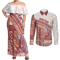 Samoa Mamanu Siapo Crimson Couples Matching Off Shoulder Maxi Dress and Long Sleeve Button Shirt Tatau Malie