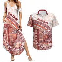Samoa Mamanu Siapo Crimson Couples Matching Summer Maxi Dress and Hawaiian Shirt Tatau Malie