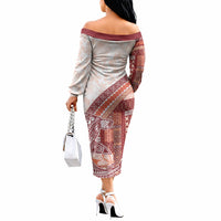 Samoa Mamanu Siapo Crimson Off The Shoulder Long Sleeve Dress Tatau Malie