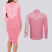 Personalised New Zealand Couples Matching Long Sleeve Bodycon Dress and Long Sleeve Button Shirts Pink Ribbon Tattoo Mix Silver Fern LT7 - Polynesian Pride