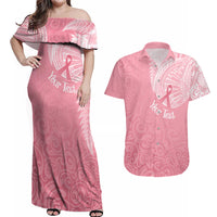 Personalised New Zealand Couples Matching Off Shoulder Maxi Dress and Hawaiian Shirt Pink Ribbon Tattoo Mix Silver Fern LT7 Pink - Polynesian Pride