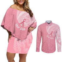 Personalised New Zealand Couples Matching Off Shoulder Short Dress and Long Sleeve Button Shirts Pink Ribbon Tattoo Mix Silver Fern LT7 Pink - Polynesian Pride