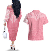 Personalised New Zealand Couples Matching Off The Shoulder Long Sleeve Dress and Hawaiian Shirt Pink Ribbon Tattoo Mix Silver Fern LT7 - Polynesian Pride