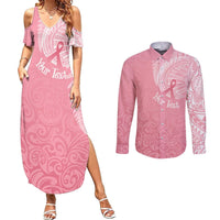 Personalised New Zealand Couples Matching Summer Maxi Dress and Long Sleeve Button Shirts Pink Ribbon Tattoo Mix Silver Fern LT7 Pink - Polynesian Pride