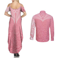 Personalised New Zealand Couples Matching Summer Maxi Dress and Long Sleeve Button Shirts Pink Ribbon Tattoo Mix Silver Fern LT7 - Polynesian Pride