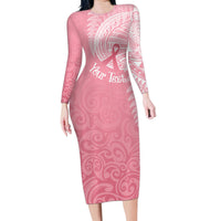 Personalised New Zealand Family Matching Long Sleeve Bodycon Dress and Hawaiian Shirt Pink Ribbon Tattoo Mix Silver Fern LT7 Mom's Dress Pink - Polynesian Pride