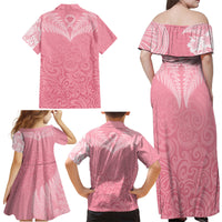 Personalised New Zealand Family Matching Off Shoulder Long Sleeve Dress and Hawaiian Shirt Pink Ribbon Tattoo Mix Silver Fern LT7 - Polynesian Pride