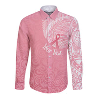Personalised New Zealand Long Sleeve Button Shirt Pink Ribbon Tattoo Mix Silver Fern LT7 Unisex Pink - Polynesian Pride