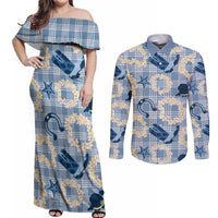 Aloha Hawaii Paniolo Jeans Palaka Couples Matching Off Shoulder Maxi Dress and Long Sleeve Button Shirt Coastal Rodeo - Polynesian Pride