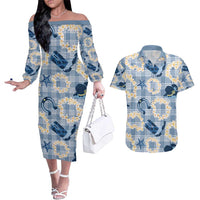 Aloha Hawaii Paniolo Jeans Palaka Couples Matching Off The Shoulder Long Sleeve Dress and Hawaiian Shirt Coastal Rodeo LT7 Pastel Blue - Polynesian Pride