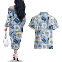 Aloha Hawaii Paniolo Jeans Palaka Couples Matching Off The Shoulder Long Sleeve Dress and Hawaiian Shirt Coastal Rodeo LT7 - Polynesian Pride