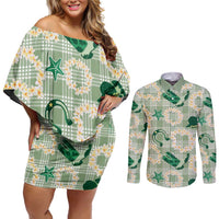 Aloha Hawaii Paniolo Mint Palaka Couples Matching Off Shoulder Short Dress and Long Sleeve Button Shirt Coastal Rodeo - Polynesian Pride