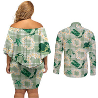 Aloha Hawaii Paniolo Mint Palaka Couples Matching Off Shoulder Short Dress and Long Sleeve Button Shirt Coastal Rodeo - Polynesian Pride