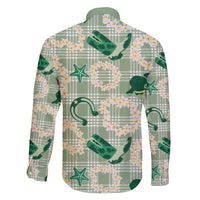 Aloha Hawaii Paniolo Mint Palaka Family Matching Off The Shoulder Long Sleeve Dress and Hawaiian Shirt Coastal Rodeo LT7 - Polynesian Pride